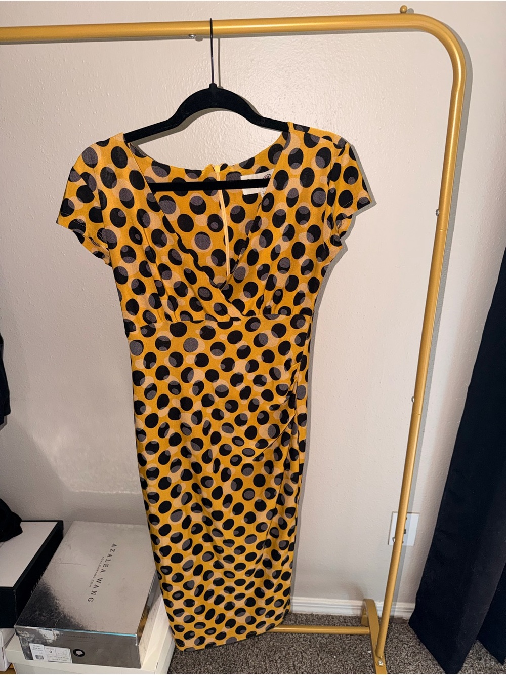 Bettie Page Mustard Yellow and Black Polka Dot Midi Dress